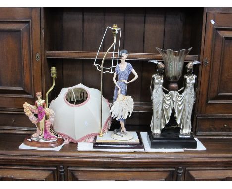 Capo Di Monte Figural Table Lamp, with an Art Deco lady with fan, on marble base, 50cm high; another similar by Leonardo and 