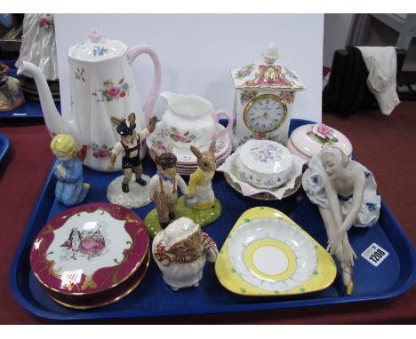 Shelley Bone China Coffee Pot, milk jug and saucers, decorated in a floral pattern, Royal Albert clock, ballerina, Royal Albe