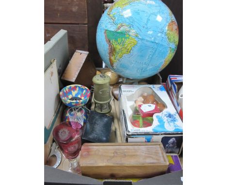 Juvenilia, including xylophone, circus gorilla toy, boxed dominoes, plus spinning mid XX Century globe, two money boxes, two 