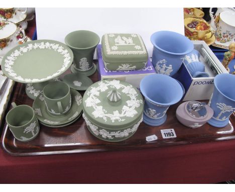 Wedgwood Mauve Jasperware Table Lighter, plus other blue and green jasperware trinkets:- One Tray.