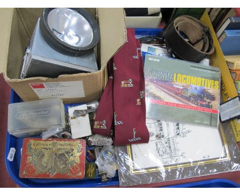 Railwayana - British Rail hand lamp, ties, badges whistle, cigarette cards, and a boy scout belt.