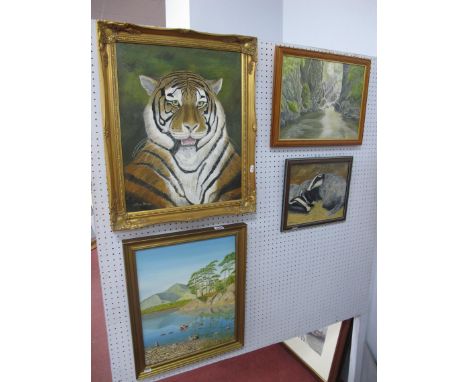 R Emrys Davies, a selection of oils on canvas, to include The Tiger, Waterfall, Badgers and tranquil sea side (4).