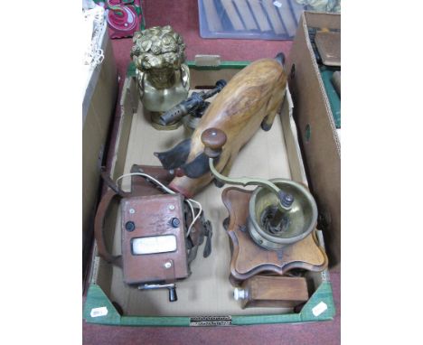 A Small Brass Bust Classical Female, brass blow torch, coffee grinder etc:- One Box.