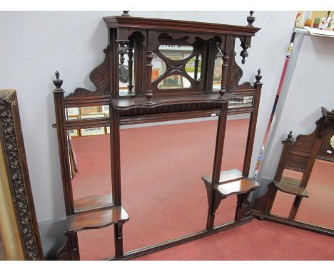 Early XX Century Walnut Overmantel, with turned finial's, shaped shelf, central mirror, 122cm wide.