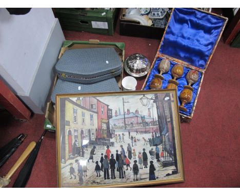 Cased Flatware, cased onyx drinks goblets, Lowry print, etc.