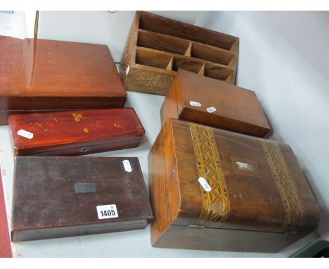 Edwardian Inlaid Box, containing six early XX century portrait postcards, diminutive writing slope, letter rack, etc (6), (co