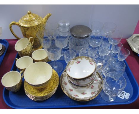 Empire Coffee Ware, brown cups and saucers, silver topped glass tidy jar, custard and other glasses:- One Tray