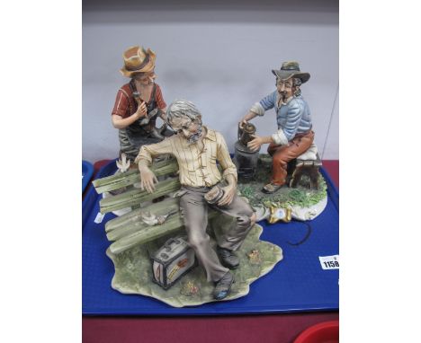 Three Capodimonte Figure Groups, Tamp on Bench, Cobbler and Man Pouring Coffee Pot. (3).