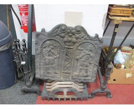 XIX Century Cast Iron Fire Back, decorated with figures, together with fire grate, fire irons.