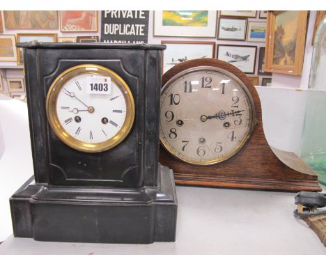 Oak Domed Cased Mantle Clock, with Westminster chimes movement (glass cracked), slate cased mantle clock. (2)
