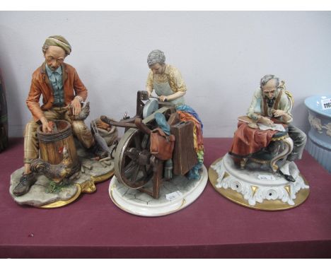 Capodimonte Figure of Man Feeding Chickens with Corn on the Cob, signed Volta 25cm high, another of a knife grinder (3).