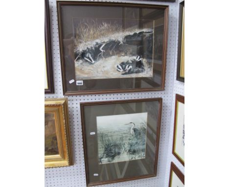After Pollyanna Pickering,  Heron in Reeds, Limited Edition Signed Print,7/100 and another Badgers in Set, 13/100 (2).