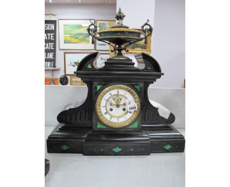A Large XX Century Slate Mantle Clock, classical style urn finial over circular dial with Roman numeral, cylinder movement wi