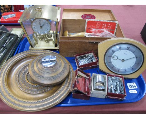 Nibs, pens, sewing needles, Metamec mantel clock, Ronson lighter.