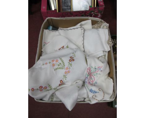 Vintage Linen Tablecloths, doilies, etc:- One Box
