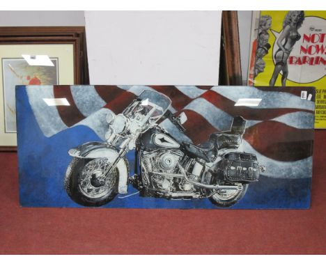 R. List Painting on Glass of a Motorcycle, with American flag to background, 49.5 x 118cm, signed and dated 93.