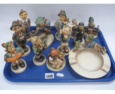 Twelve Hummel Figures, including Clown, Tyrolean Boy, Boy with Frog ashtray, Girl with Toothache, etc:- One Tray.