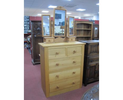 Light Oak Chest of Drawers, with two short drawers, three long drawers, on a plinth base,105cm wide, together with a pine dre