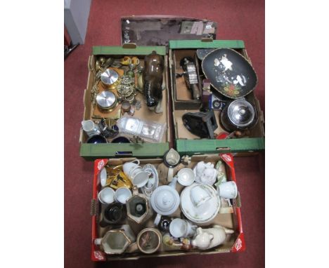 Bavarian Early XX Century Tea Ware, figurines, jugs, other ceramics, brassware, wall clock, etc:Two Boxes, pink tinted mirror