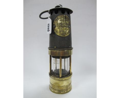 Miners Lamp, Hailwood and Ackroyd of Leeds, brass bottomed, 27.5cm high, with handle down.