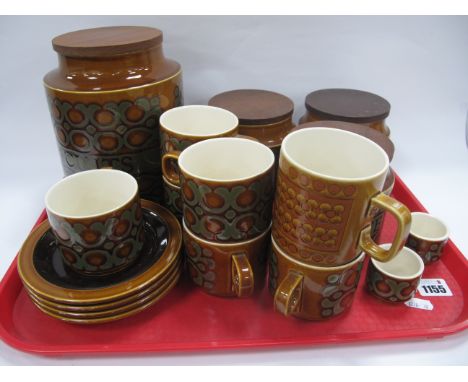Hornsea Bronte 'Coffee' 'Sugar' 'Tea' and Biscuit Jars, six cups, four saucers, two egg cups:- One Tray.