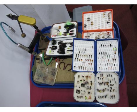 Fishing Regal Engineering Vice, with light and tools, quantity of fishing flies in five cases, by 'Fox Box', 'L L Bean', 'Myr