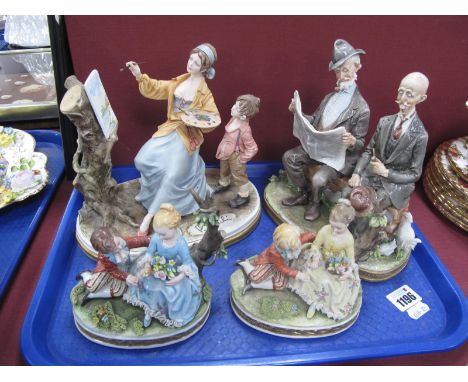 Capodimonte Figure Group of Paintress, signed Marli, another of two gentlemen on a bench and two smaller of children in class