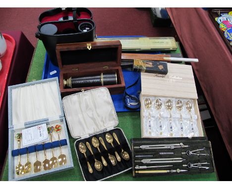 Scientific Instruments - Drawing implements, four drawer cased, telescope, slide rule, binoculars, Oriental tea spoons, etc:-