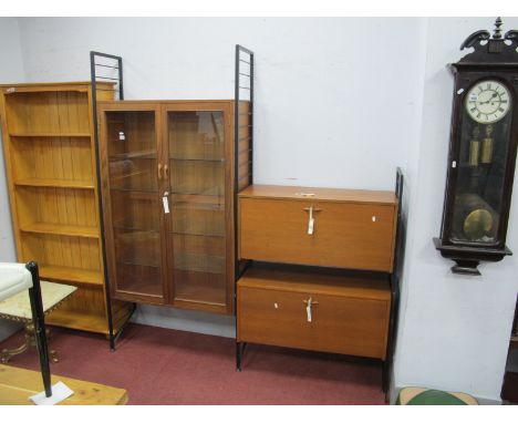 Ladderax Style Stacking Wall Unit, circa 1970's, comprising display cabinet, with twin glaze doors, two fall fronted bureau c