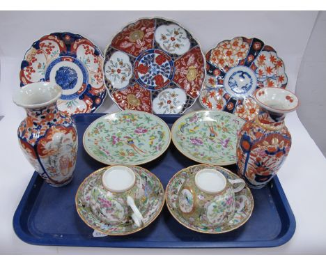 XIX Century Chinese Cantonese Plates, Cups-Saucers, Imari pattern plates:- One Tray.