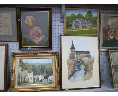R Emrys Davies, Oils to include - The Rose, Country Estate, Country Village and Waterway Church. (4)