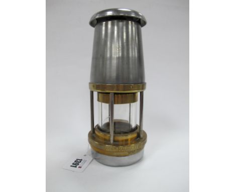 Miners Lamp The Wolf Safety Lamp Co. (Wm Maurice of Sheffield), 21.5cm high with handle down.