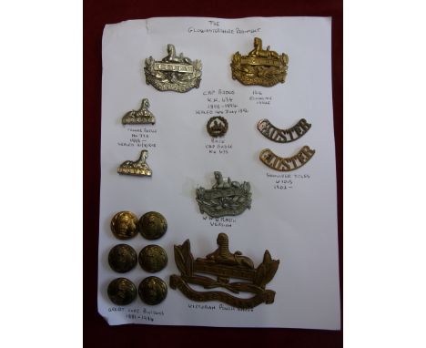 Gloucestershire Regiment Collection including: three Cap Badges K&amp;K: 634 (White-metal and bass economy) and Plastic Econo