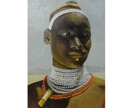Lennox Manton, oil on board, portrait of a Tribal figure, 41cm x 30cm.