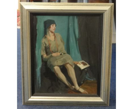 Reginald Mills (British 1920's), signed oil on board, 'Portrait of a Seated Lady', 30cm x 24cm.