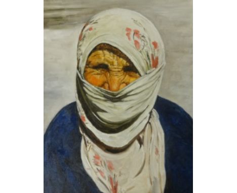 Lennox Manton, oil on board, portrait of a Middle Eastern elderly woman, 38cm x 30cm.