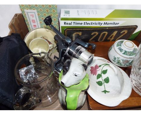 A good mixed lot to include a South Carolina vintage number plate, glassware, ceramics, Royal Commemorative plates and other
