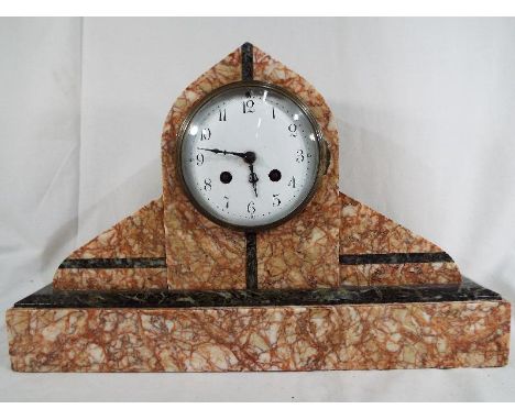 A pink and green marble Art Deco styled French mantel clock, white enamel dial with Arabic numerals, hour and half past bell 