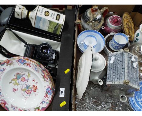 Two boxes containing a good mixed lot to include a St Andrews golfing whisky decanter in presentation case, a Nikon camera F-