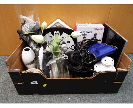 A good mixed lot of black and white ornamental ware, weighing scales, rowing action exerciser and other