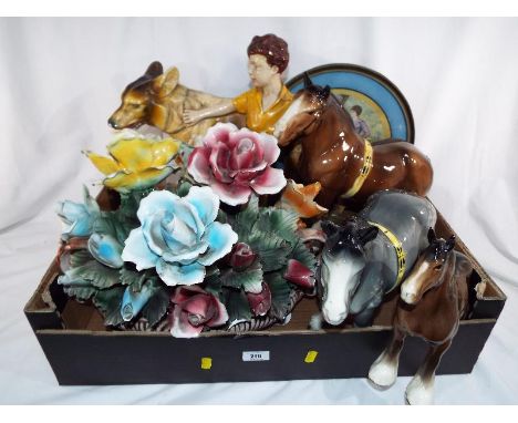 A mixed lot of predominantly vintage ceramics to include three ceramic horses, one by Beswick, a large figurine depicting a b