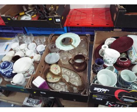 Three boxes containing a mixed lot of glassware and ceramics to include a Midwinter part dinner service, Royal Commemorative,