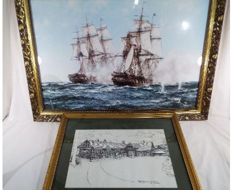 Four pictures to include an oil on board depicting dogs, framed, image size 40 cm x 30 cm, a print depicting Samlesbury Hall 