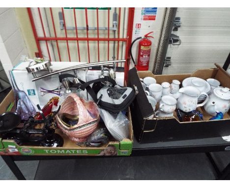 Two boxes containing a mixed lot to include ceramic tableware, a weighing balance, glassware and other (2)