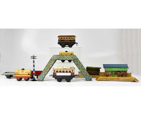 HORNBY MECCANO; a group of tinplate railway items, to include two Pullman 'Aurelia' carriages, a 'Shell Motor Spirit' and 'Sh