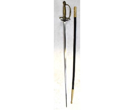 An early 20th century reproduction Naval officer's spadroon, with cast brass hilt, knuckle guard and grip, with brass and lea