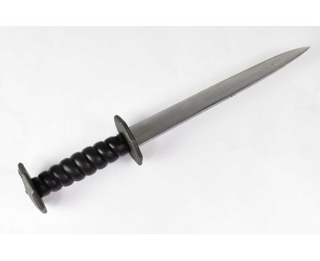 RAVEN FORGE; a 'Rondel' two-piece dagger set, length of larger blade 8.5", both with carved twist wooden grips, with metal ti
