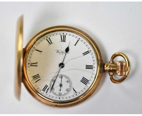 WALTHAM; a 9ct gold full hunter pocket watch, the white enamelled dial set with Roman numerals, outer minute track, subsidiar