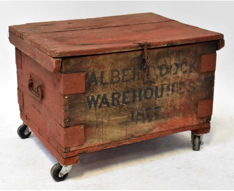 PORT OF LIVERPOOL; an Albert Dock Warehouses wooden box with painted lettering, 1877, with iron band and hinge, on castors, i