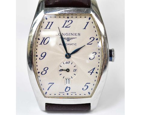 LONGINES; an Evidenza stainless steel automatic gentlemen's wristwatch, the enamelled dial set with Arabic numerals, date ape